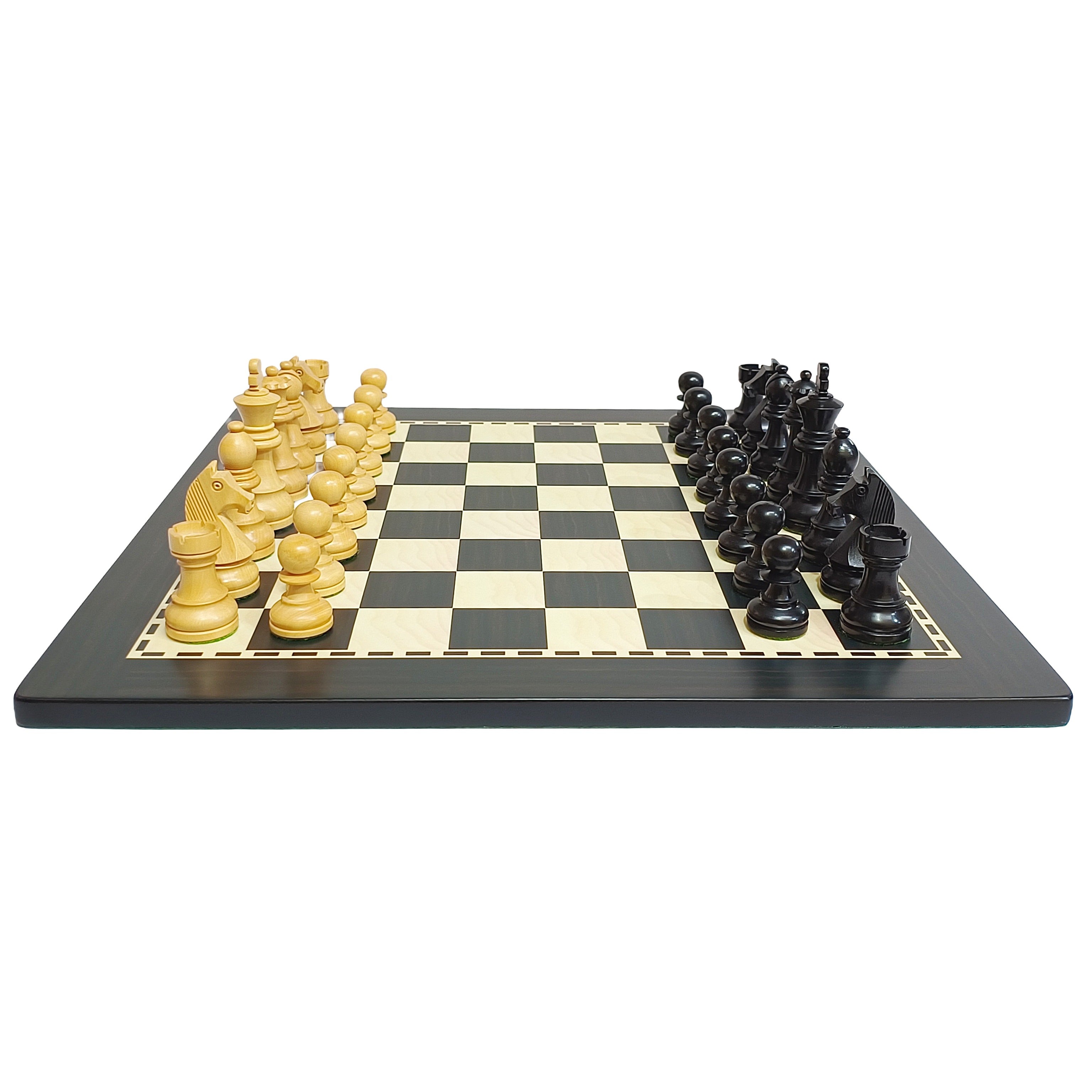 Classic Staunton wooden chess set with ebonized and natural boxwood pieces on an MDF chessboard.