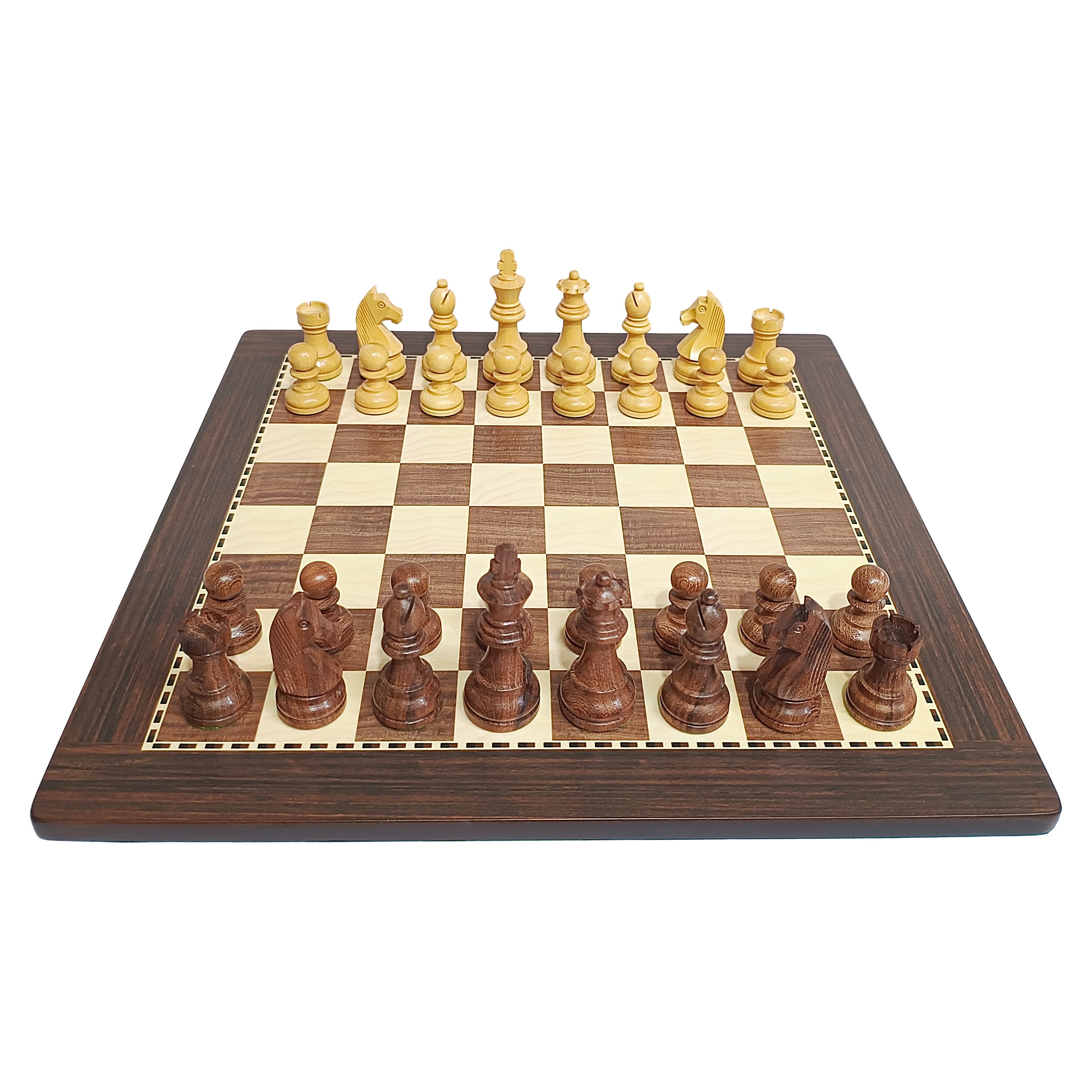Classic Staunton wooden chess set with brown and beige chess pieces on an MDF board.