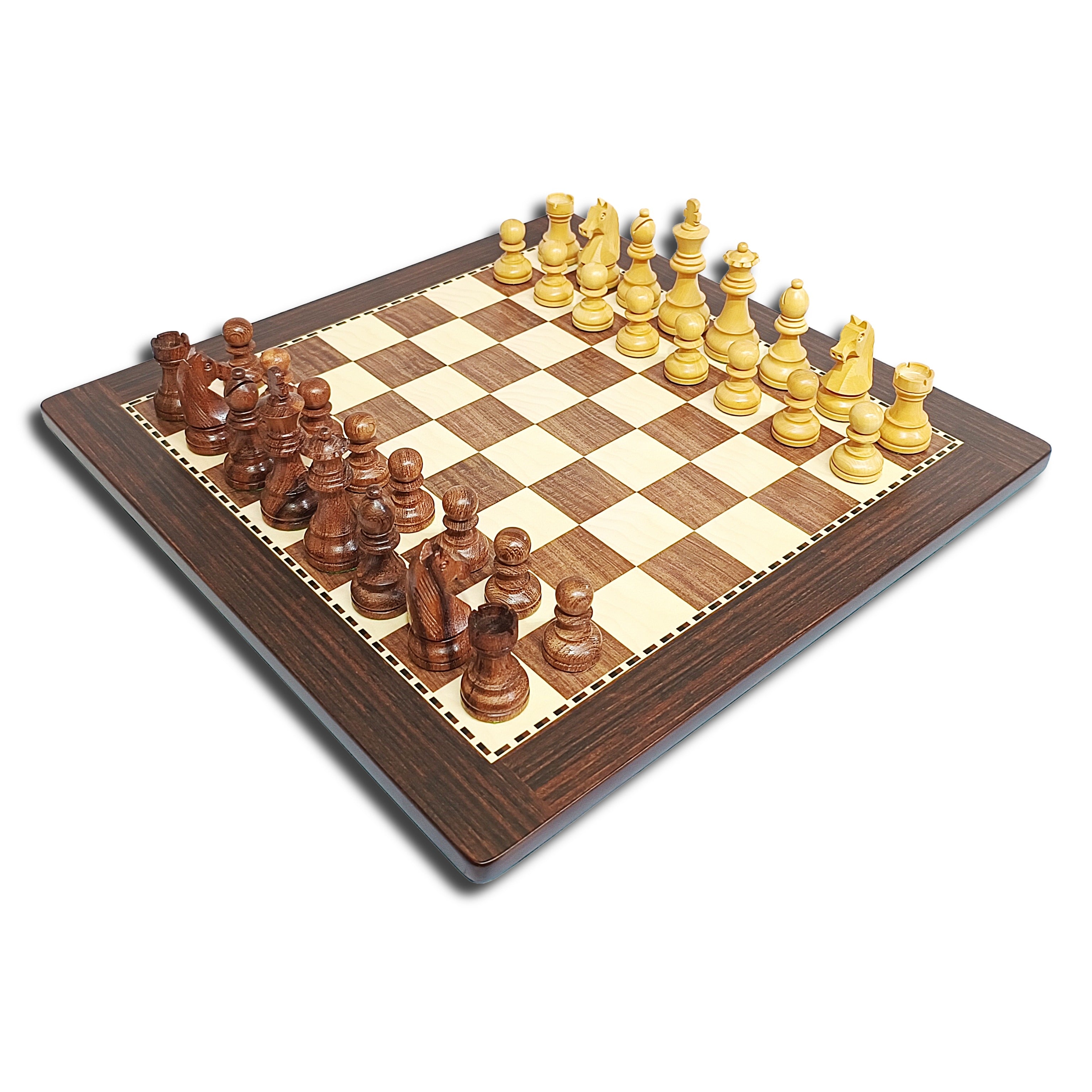 Classic Staunton wooden chess set with brown and beige pieces on MDF board, arranged for play.