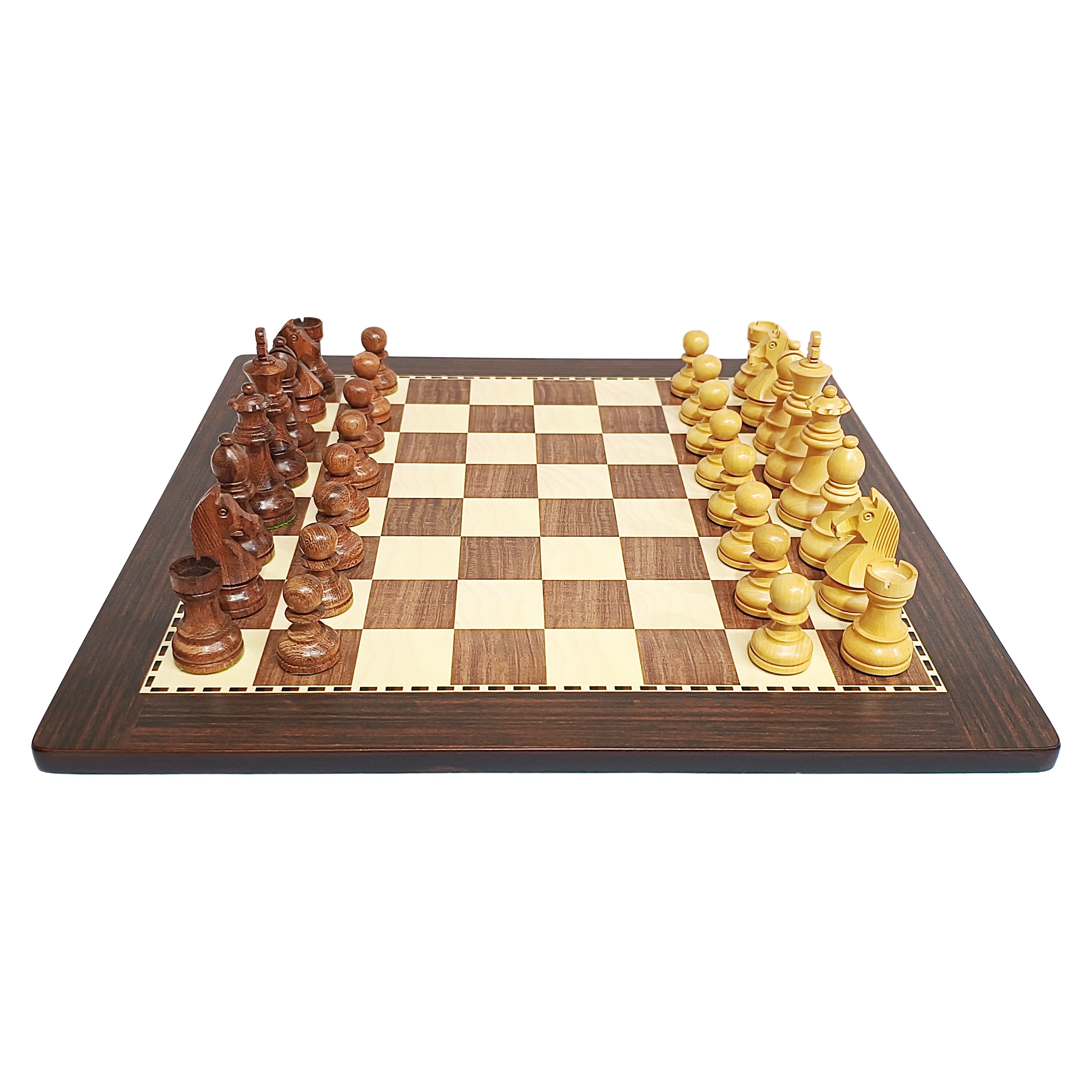 Classic Staunton wooden chess set with brown and beige board, featuring pieces arranged on each side.