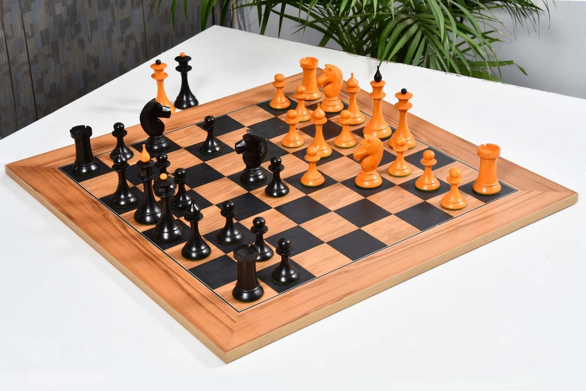 1950s Soviet Russian Latvian Reproduced Chess Pieces in Ebonized Boxwood / Antiqued Boxwood – 4.1” King With Chess Board My Chess Sets