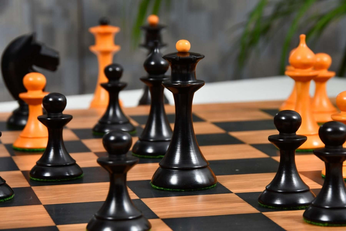 1950s Soviet Russian Latvian Reproduced Chess Pieces in Ebonized Boxwood / Antiqued Boxwood – 4.1” King With Chess Board My Chess Sets