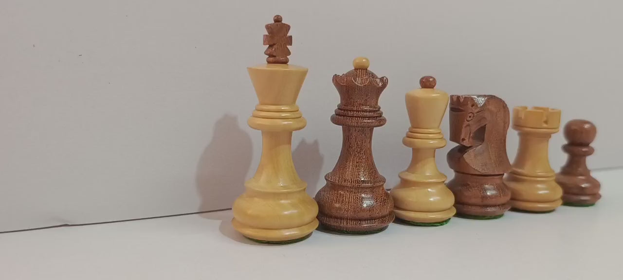 Russian Zagreb chess pieces in acacia wood, featuring king, queen, and knights in brown and white colors, 3.25 inches tall.