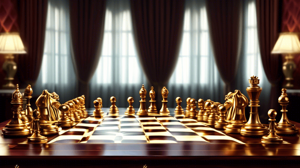 An opulent chess set designed with gold and diamonds, featured in an elegant, dimly-lit room with velvet curtains and a mahogany table, showcasing the detailed craftsmanship and luxury of the pieces.