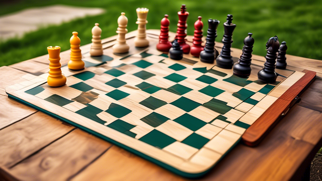 A variety of small, foldable chess boards and magnetic travel chess sets arranged on a wooden table in an outdoor park setting, with chess pieces meticulously placed for a game, conveying the mobility