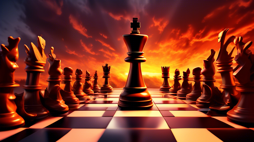 A dramatic chessboard scene at sunset, with a stylized king piece about to capture a queen piece, both intricately carved and oversized, in a tense and strategic moment, surrounded by fallen chess pie