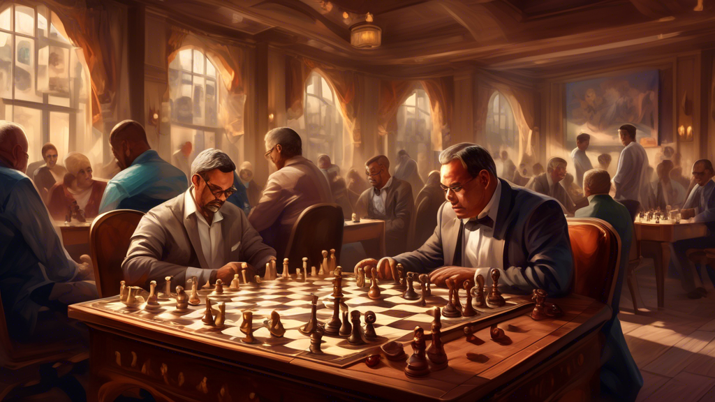 An intricately detailed digital painting depicting a grand chess and checkers tournament where players are deeply absorbed in their games, with a focus on diverse participants strategically moving pie