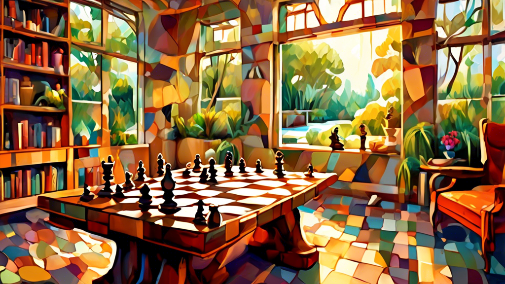 An artistic depiction of a chessboard seamlessly merging into a Go board, with chess pieces on one side and Go stones on the other, set in a tranquil study room with books and a large window showing a