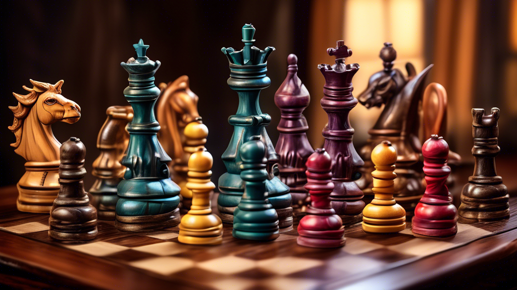 A diverse collection of uniquely themed chess sets displayed on a luxurious wooden table, with a cozy, dimly lit backdrop highlighting a mix of modern, vintage, and fantasy designs, each set tailored 