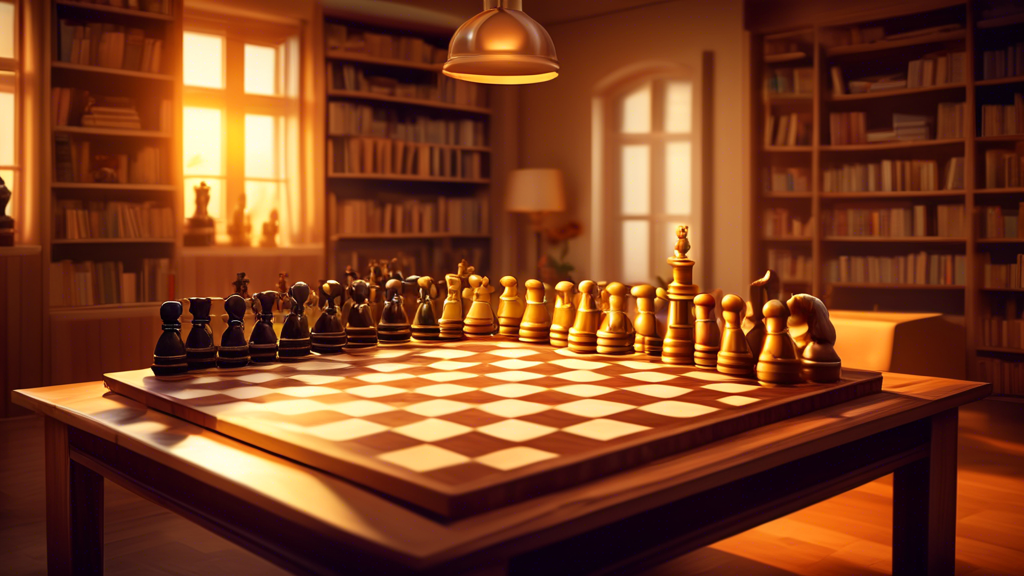 A cozy study room with a large wooden chessboard in the center, chess pieces meticulously arranged for a new game; in the background, shelves filled with chess books and a digital board displaying var