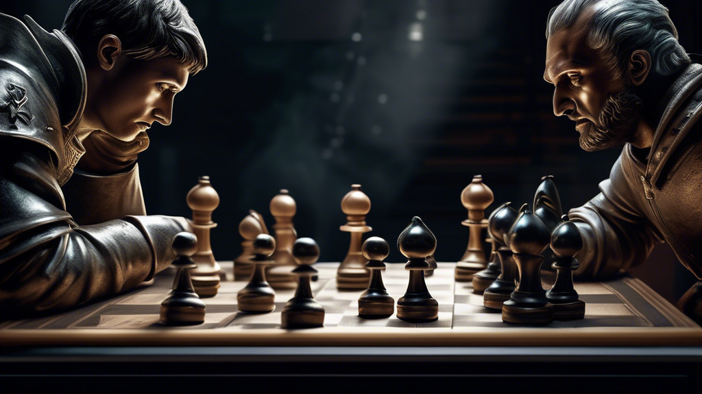 A tense moment in a classical chess tournament, depicted in a hyper-realistic style, where two players are focused intently on the board. The image shows one player reaching out to execute a strategic