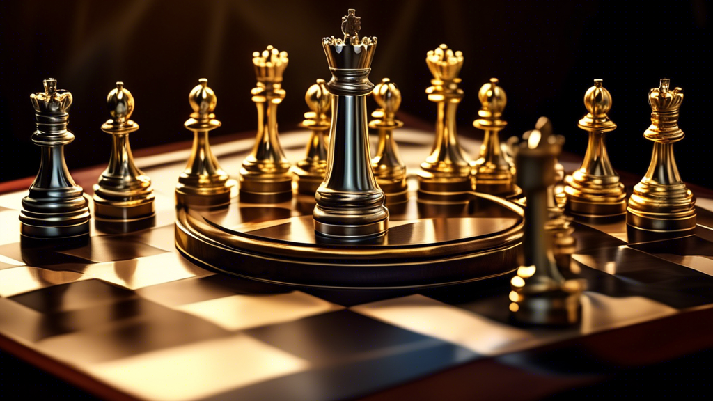 An elegant chess board and pieces displayed in a luxurious setting, with each piece intricately designed in gold and silver, reflecting the elite status of a world champion chess set, with soft lighti