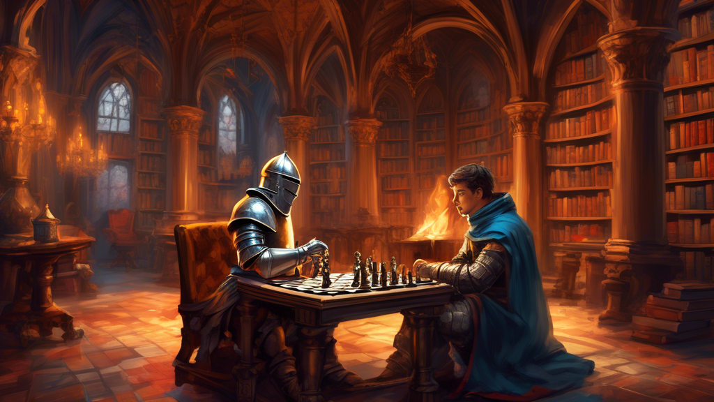 A digital painting of a medieval knight teaching a young squire how to play chess on an ornate, theme-based chessboard set in a grand castle library filled with ancient books and a flickering fireplac