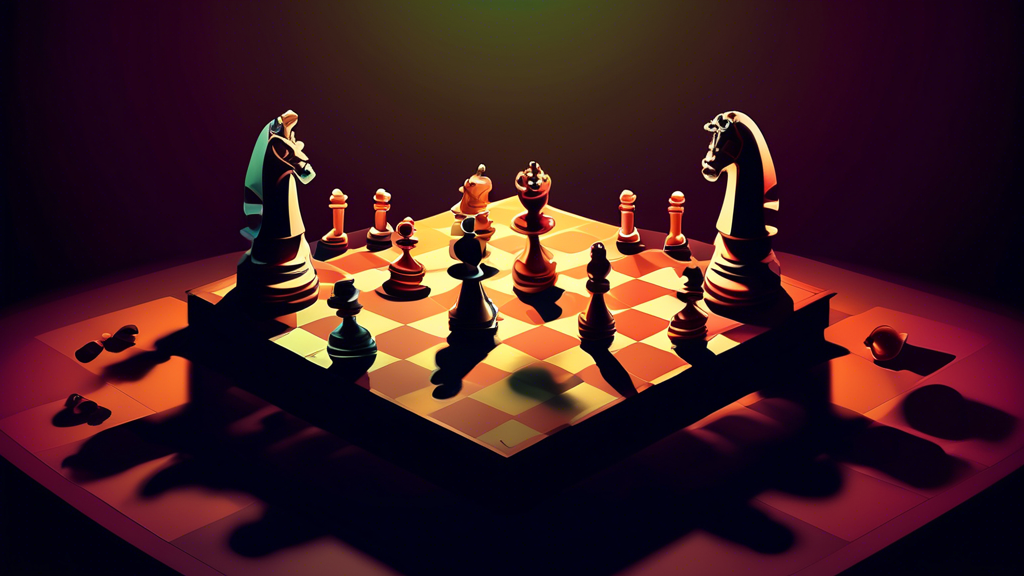 An intense chess match in progress under a dim spotlight, with two highly focused players, one contemplating a critical move, surrounded by hovering chess pieces symbolizing strategy and tactics.