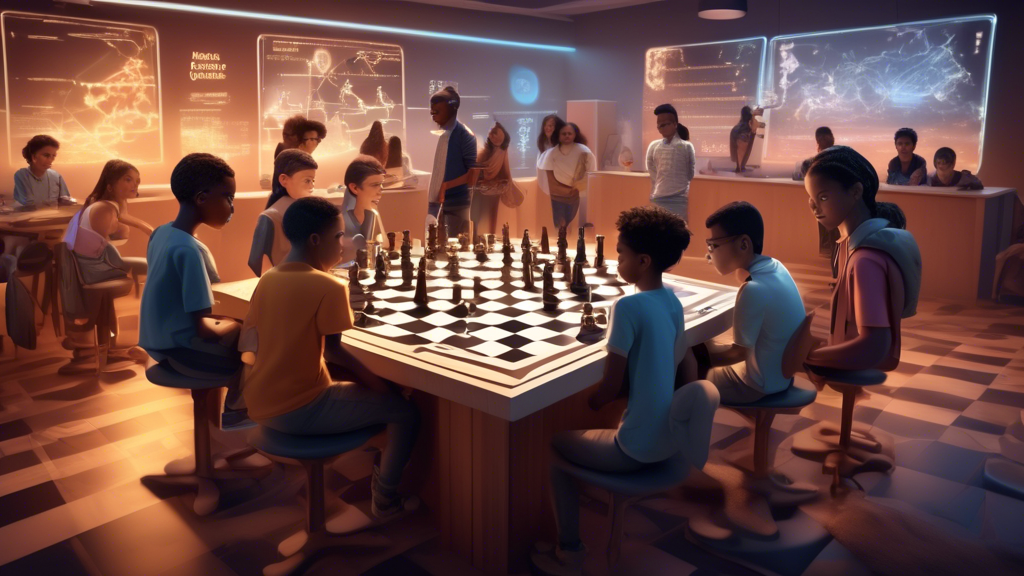 An intricately designed digital classroom featuring a diverse group of students of various ages and ethnicities intently focusing on a large, animated 3D chessboard in the center. The board actively d