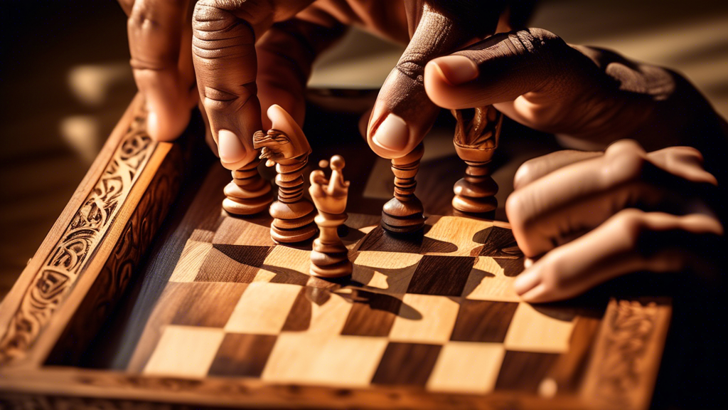 Close-up of a person's hands opening an ornate wooden box to reveal an intricately carved chess set, with soft sunlight highlighting the detailed craftsmanship of the chess pieces.