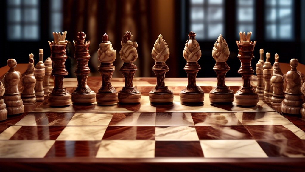 An elegant, high-end chess set displayed on a mahogany table, featuring intricately carved marble pieces of classic design, with a richly detailed king and queen, under soft, ambient lighting to empha