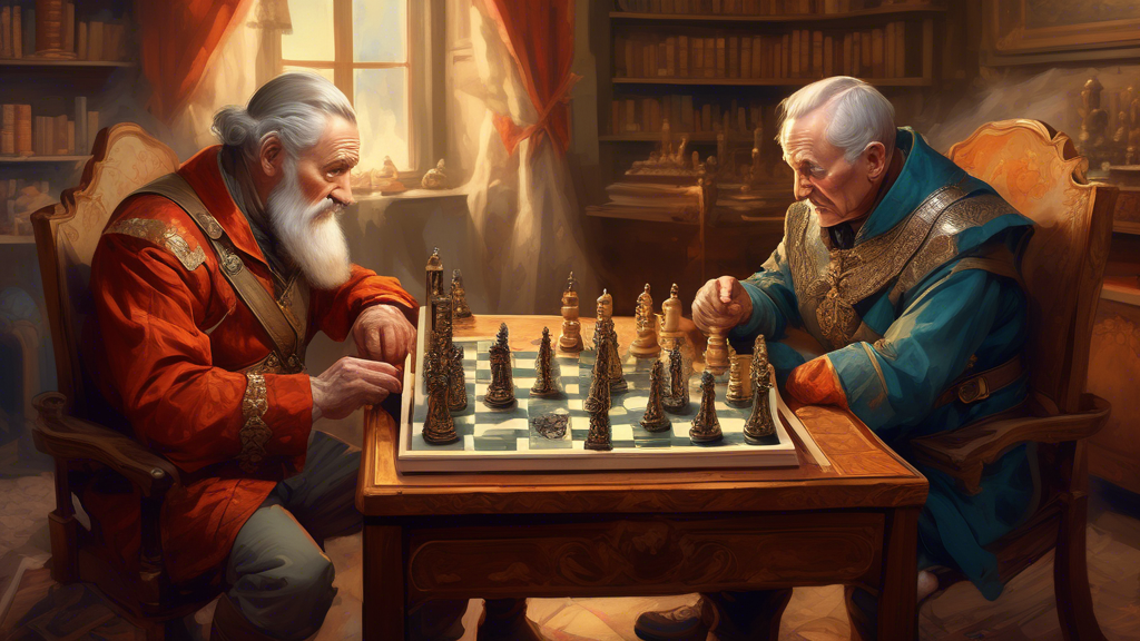 A digital painting of two elderly men, dressed as medieval generals, deeply engrossed in a large, intricate chess game that features pieces shaped like miniature soldiers and castles, set in a warmly 