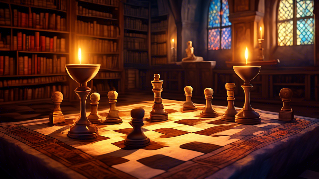 Artistic depiction of a serene, ancient chessboard set in a medieval library, with two equally matched chess pieces in a stalemate position, surrounded by illuminated manuscripts and flickering candle