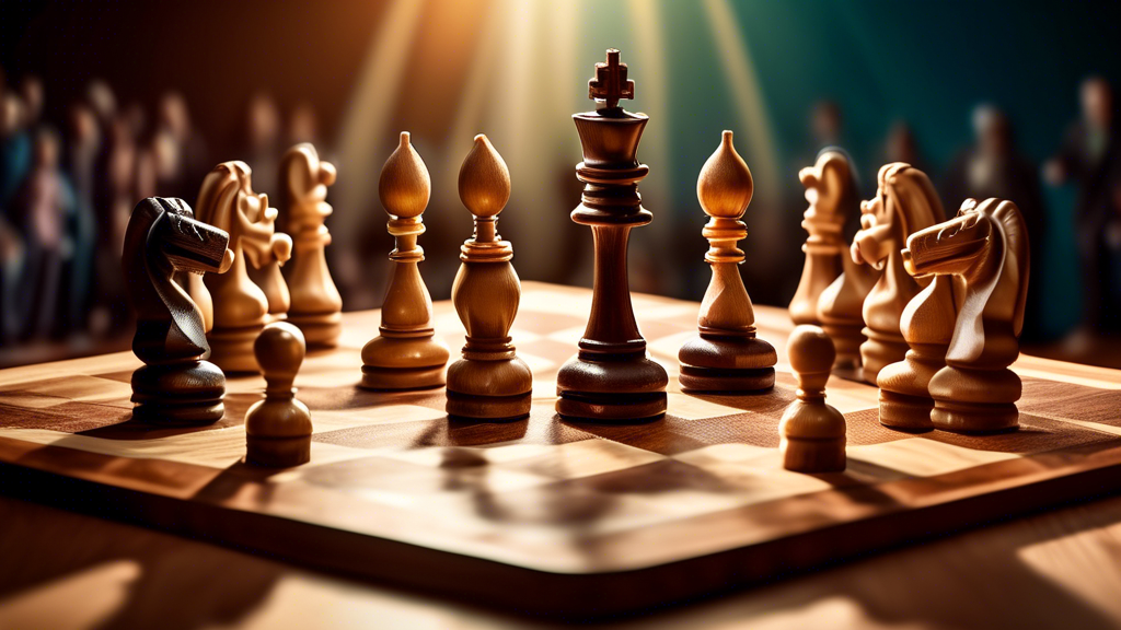 An intricately detailed, vintage wooden chess board with ornate chess pieces, set up in a dramatic mid-game position, under a soft spotlight, with blurred cheering spectators in the background.