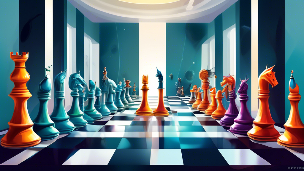 An imaginative and futuristic chess set design competition, showcasing a variety of entries with chess pieces inspired by science fiction and fantasy themes, set in a well-lit, modern gallery space fi