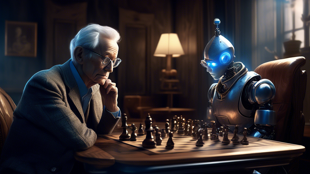 A tense yet intriguing digital artwork depicting a dimly lit room with a grand wooden chess table at the center. On one side of the table, a focused elderly man with a thoughtful expression, dressed i