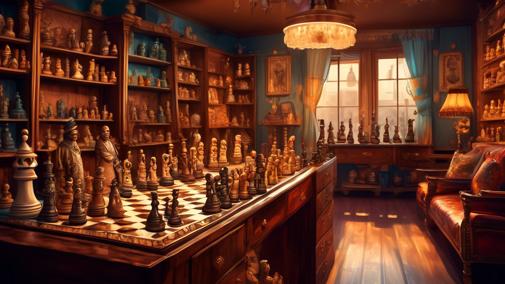 A beautifully detailed scene of an antique shop filled with diverse chess sets from different eras and cultures, showcasing ornate pieces and various board materials under warm, inviting lighting.