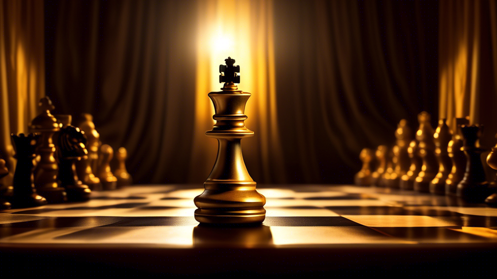 An ornate chessboard with a spotlight illuminating a golden king chess piece, shadowy figures of other chess pieces blurred in the background, set in a regal, dimly lit room with velvet curtains and o