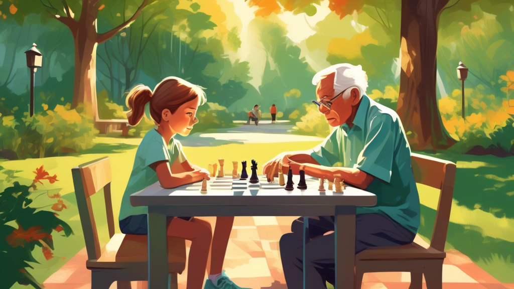 An illustration of a young boy and girl seated at a park table, engrossed in learning chess with a friendly elderly man teaching them, surrounded by lush green trees with a gentle sunlight filtering t