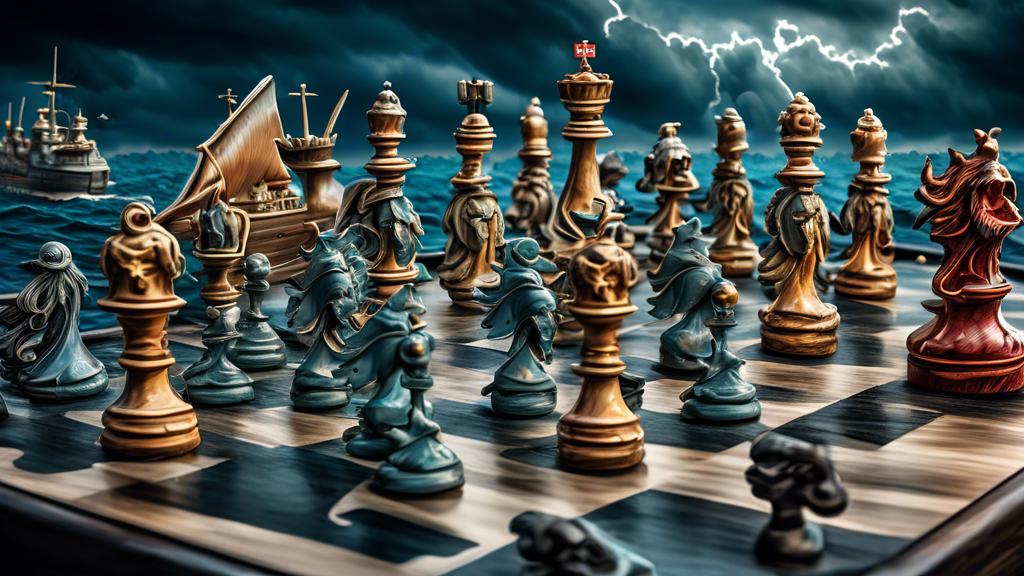 An intricate chess set featuring naval warfare, with pieces shaped as historical warships and submarines on an ocean-themed board, set under a dramatic stormy sky.