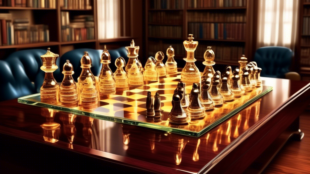 An elegant chess set on a polished mahogany table in a sophisticated library setting, with chess pieces made of crystal and gold, under soft, ambient lighting.