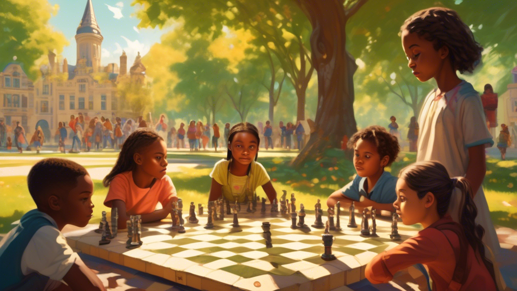 An image of a diverse group of children, ranging in ages from 8 to 14, gathered around a large, ornate chessboard in a bright, sunlit park. In the foreground, a young girl thoughtfully moves a knight,