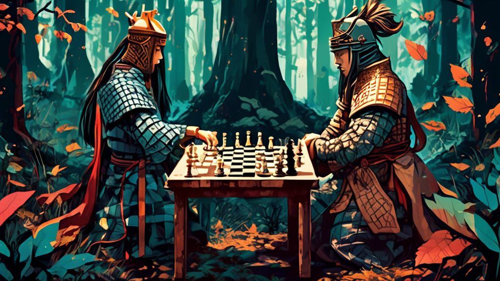 An artistic illustration of a half-chess, half-shogi board, showing pieces from both games strategically aligned against each other in a mystical forest setting, with two players, one dressed in tradi