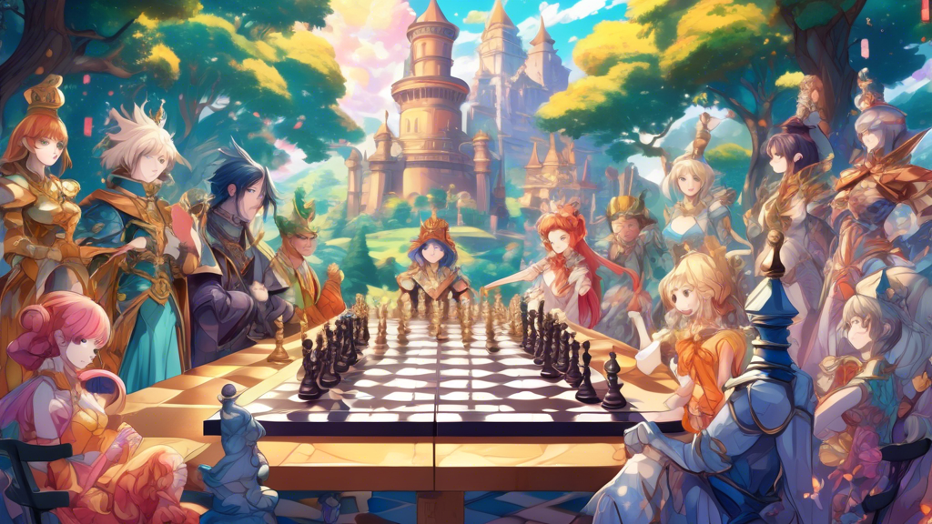 A vibrant anime scene depicting a grand, fantastical chess tournament with characters dressed as kings, queens, knights, and pawns, set in a magical realm with elaborate chessboard-themed landscapes i