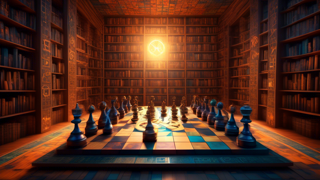 An intricate chessboard with mathematical symbols and equations as pieces, set in a mystical library filled with ancient mathematics books, under a soft, glowing light.