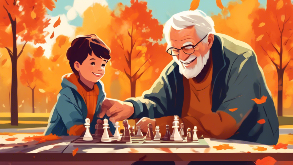 A young child with a focused expression, playing chess in a sunlit park, surrounded by autumn leaves, with an elderly man observing and smiling approvingly.