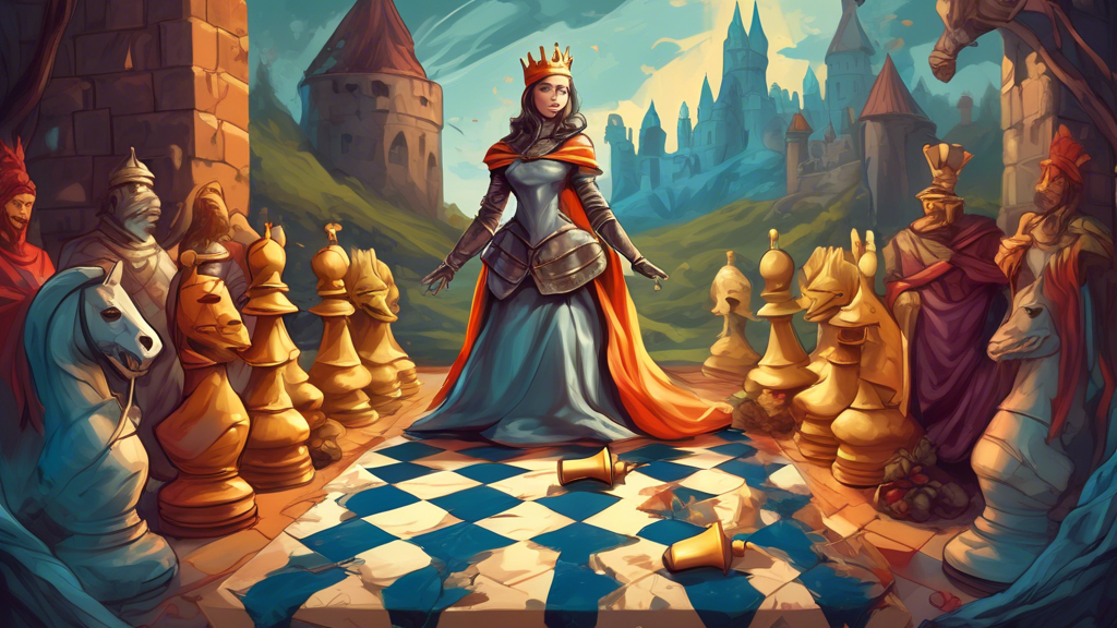 An imaginative chessboard scene where a small, heroic pawn stands triumphant over a toppled queen, set in a medieval fantasy landscape with cheering chess pieces in the background.