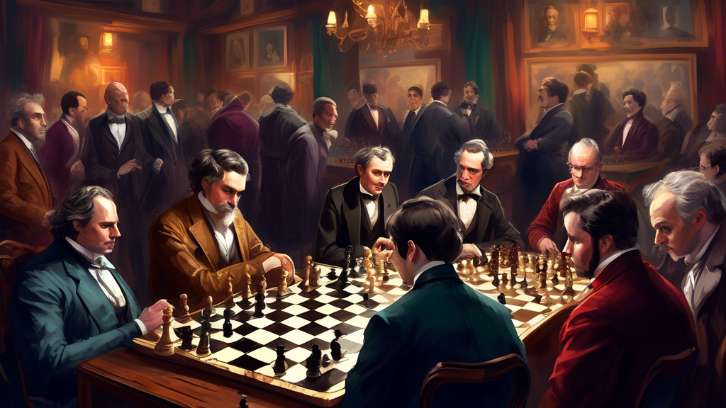 Digital painting of a grand historic chess tournament in a Victorian-era London club, featuring portraits of the greatest British chess players in history engaged in thoughtful gameplay, with spectato