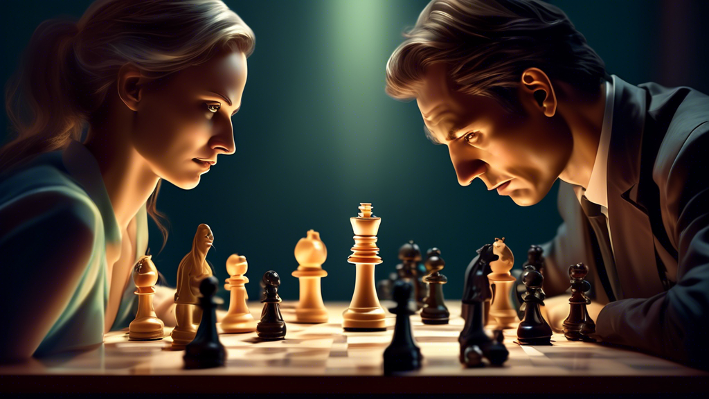 An elegant chessboard under soft lighting, focused on two skilled players, a man and a woman, deeply concentrated and midway through a strategic game of chess. The background subtly shows classic book