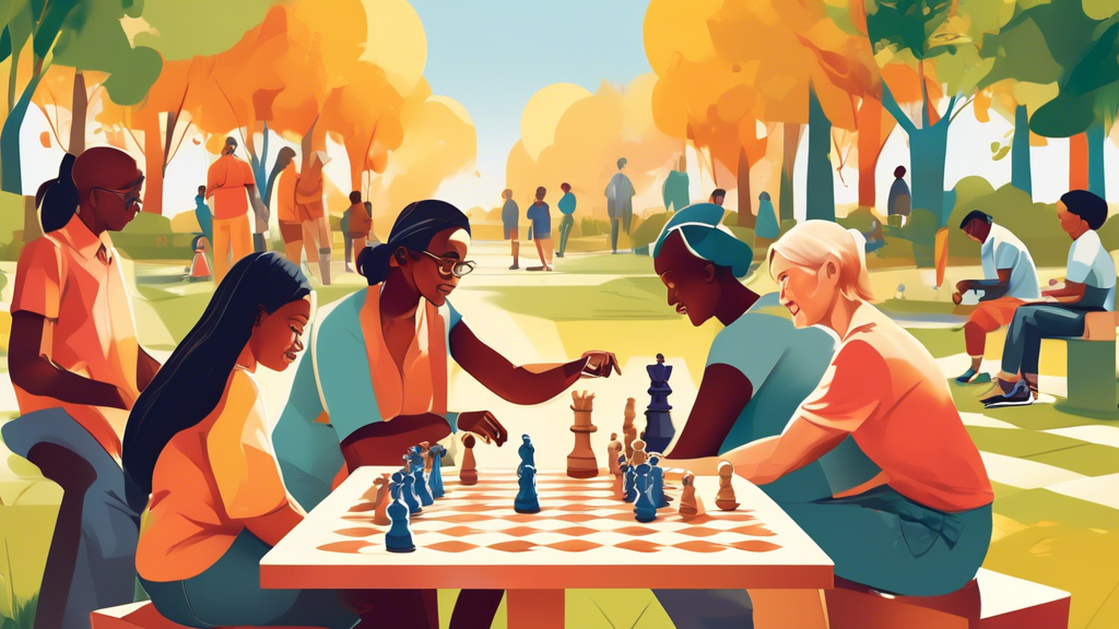 Create a serene park setting with a diverse group of people of varying ages happily engaged in playing chess on foldable chess boards scattered throughout the area, showcasing different stages of unfo