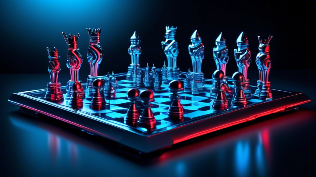 Create an image of a futuristic chess set on a sleek, reflective metal surface. The chess pieces are intricately designed, resembling miniature robotic warriors and medieval knights, crafted from poli