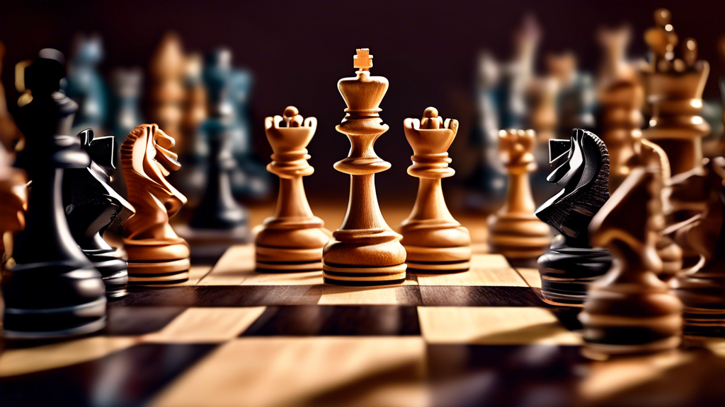 An elegant close-up illustration of various professional chess sets used by top players, featuring both classic wooden Staunton and modern digital designs, displayed on a chess tournament hall backgro