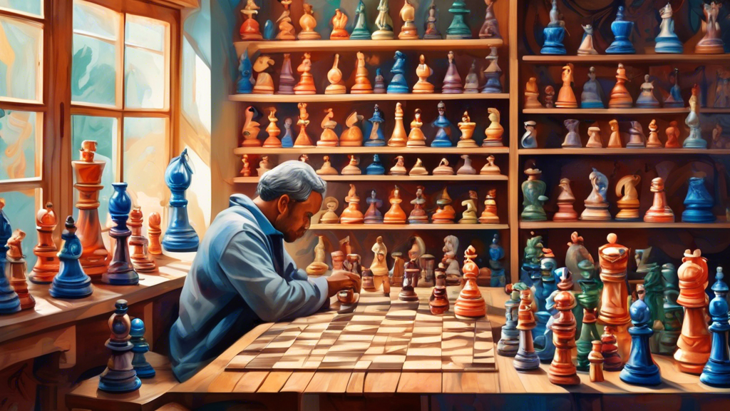 An artisan in a cozy, well-lit workshop, intently hand-painting intricate designs on unique, custom chess pieces, with shelves filled with various styles of chess sets in the background.