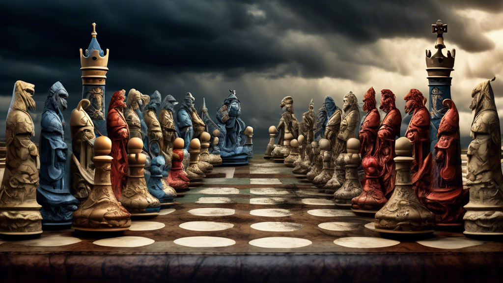 An intricate chess set on a medieval battlefield background, where each chess piece is finely crafted to resemble a different warrior from various historical eras and cultures, engaged in strategic po