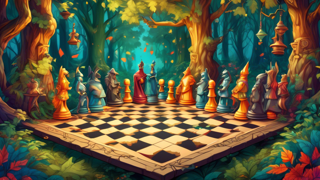 An artistically detailed illustration of a medieval-themed chess board, where each piece is animated and interacting with each other, set in a vibrant, enchanted forest backdrop.