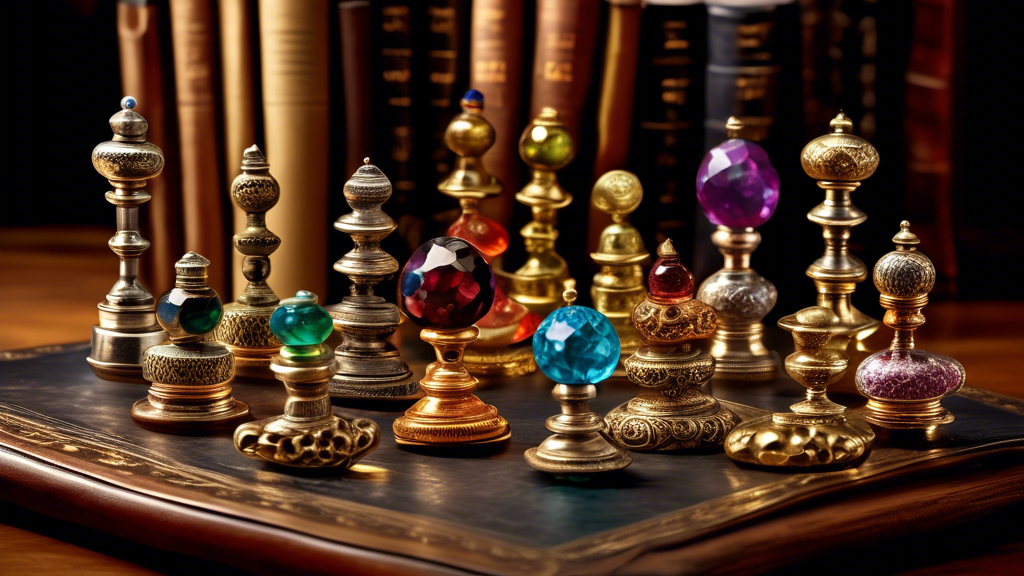 An intricate collection of luxury draughts pieces made from precious metals and gemstones, displayed on a polished wooden table in a dimly lit, opulent library filled with antique books.