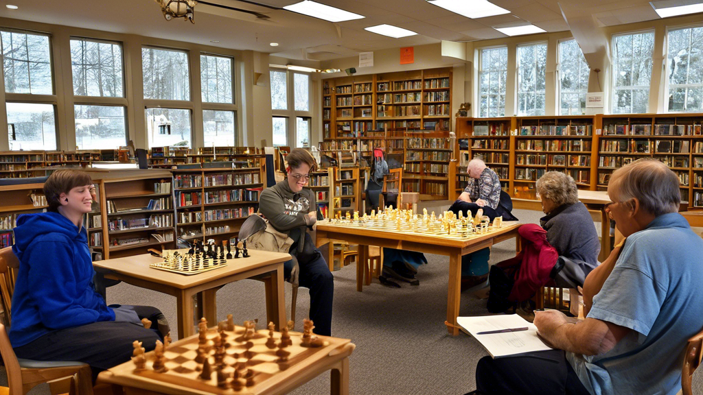 A cozy, inviting scene inside a well-lit local library in Shrewsbury, MA, where diverse people of all ages, including children, teenagers, and elderly, are deeply engaged in playing chess. Some are an