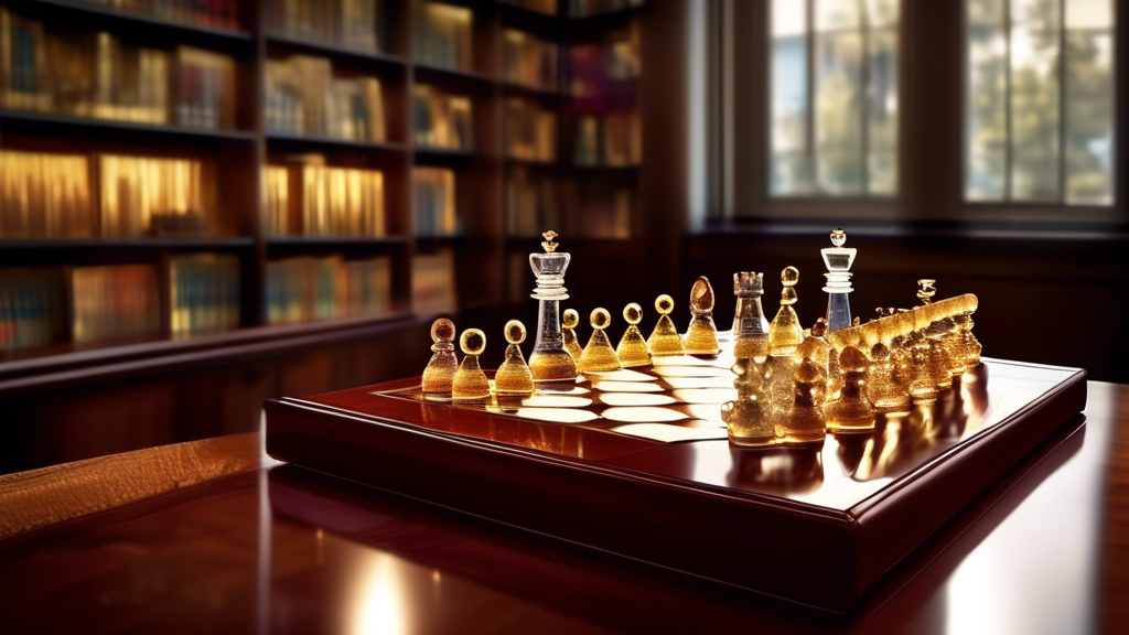 An elegant chess set on a polished mahogany table in a sophisticated library setting, with chess pieces made of crystal and gold, under soft, ambient lighting.
