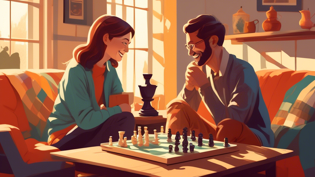 Two people of different ages smiling and concentrating while playing chess in a cozy, sunlit living room, with a vintage wooden chess board between them, surrounded by books and warm cups of tea, conv