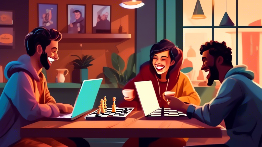 Two friends laughing and playing chess online on their laptops at a cozy cafe, with warm ambient lighting and cups of coffee on the table, while a third friend cheers them on through a video call on a